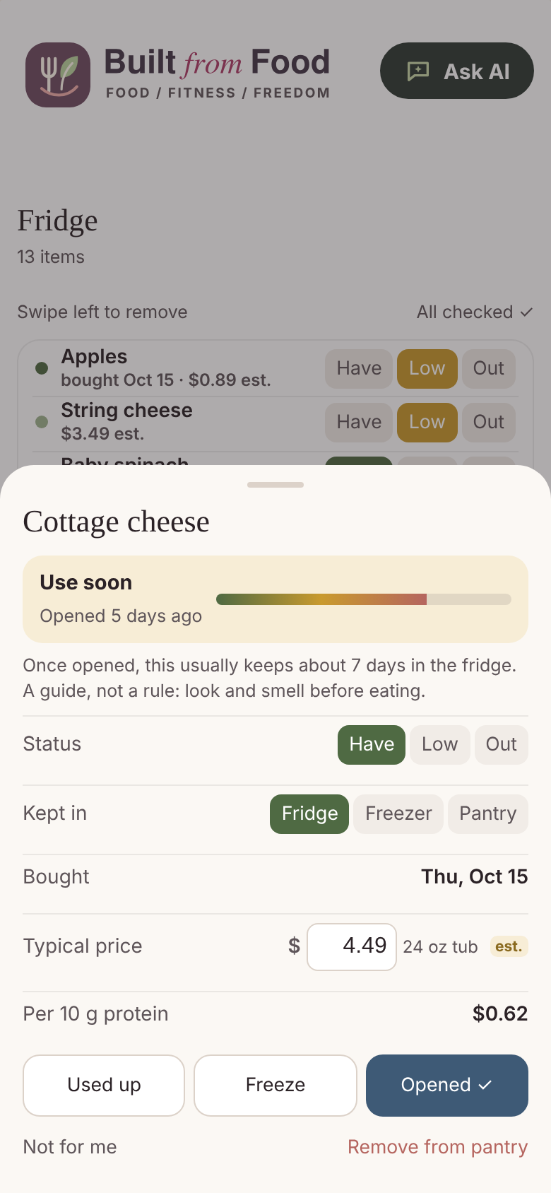 Built From Food smart pantry: pantry item; test profile